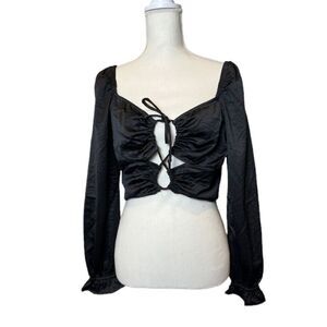NWOT Kirious Black Long Sleeve Crop Top Tie Front Elastic Back Peek a Boo Large